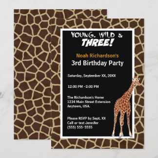 Young Wild and Three Giraffe Safari Birthday Party Invitation