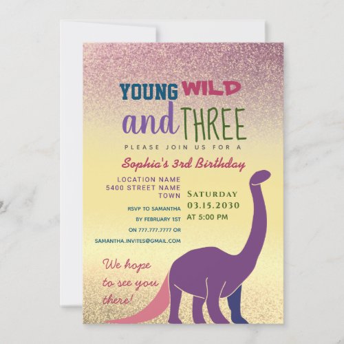 Young Wild and Three Girl 3rd Birthday Invitation