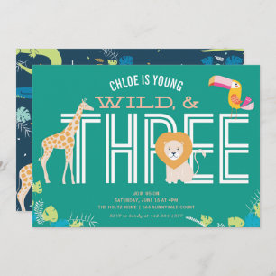 Young, Wild, and Three Girl Birthday Invitations