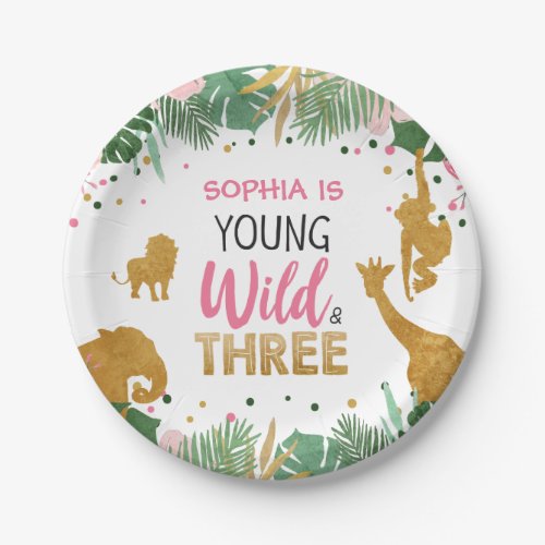 Young Wild and Three Girl Pink Safari Animals Paper Plates
