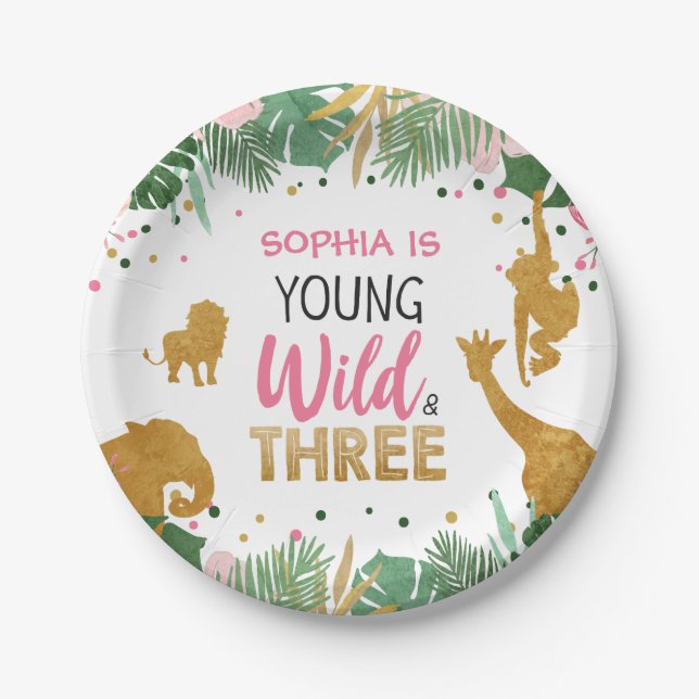 Young Wild and Three Girl Pink Safari Animals Paper Plates (Front)