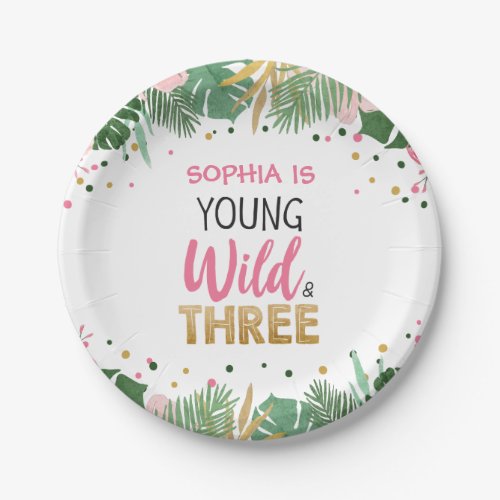 Young Wild and Three Girl Pink Tropical Safari Paper Plates