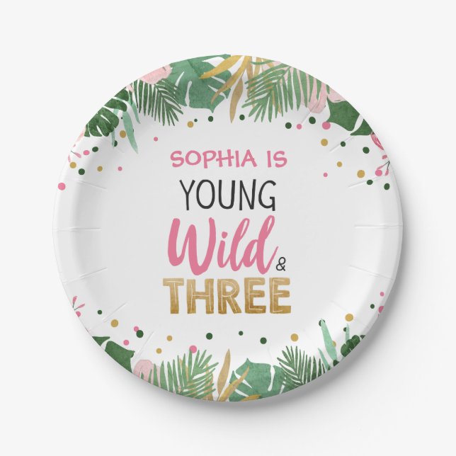Young Wild and Three Girl Pink Tropical Safari Paper Plates (Front)
