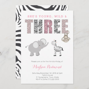 Young, Wild and THREE Girl Zoo 3rd Birthday Party Invitation