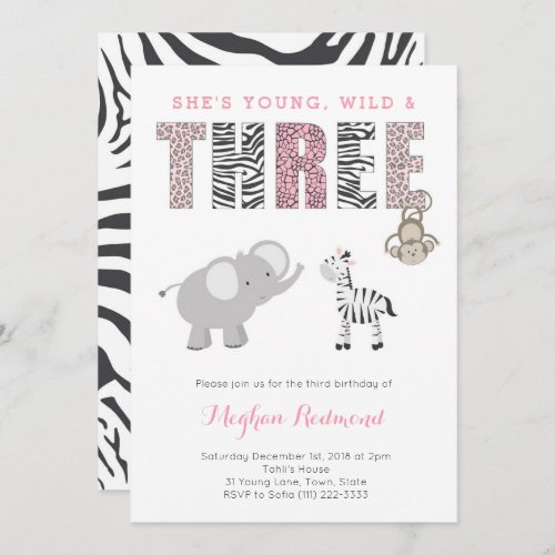 Young Wild and THREE Girl Zoo 3rd Birthday Party Invitation
