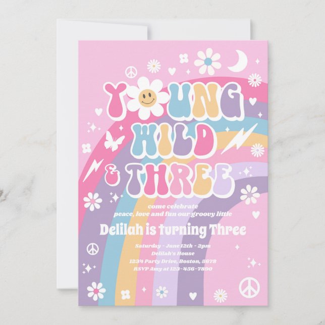 Young Wild And Three Hippie 3rd Birthday Party Invitation (Front)