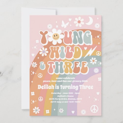 Young Wild And Three Hippie 3rd Birthday Party Invitation
