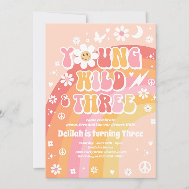 Young Wild And Three Hippie 3rd Birthday Party Invitation