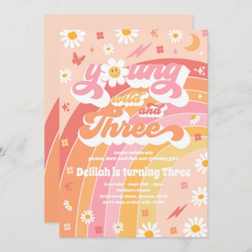 Young Wild And Three Hippie 3rd Birthday Party Invitation