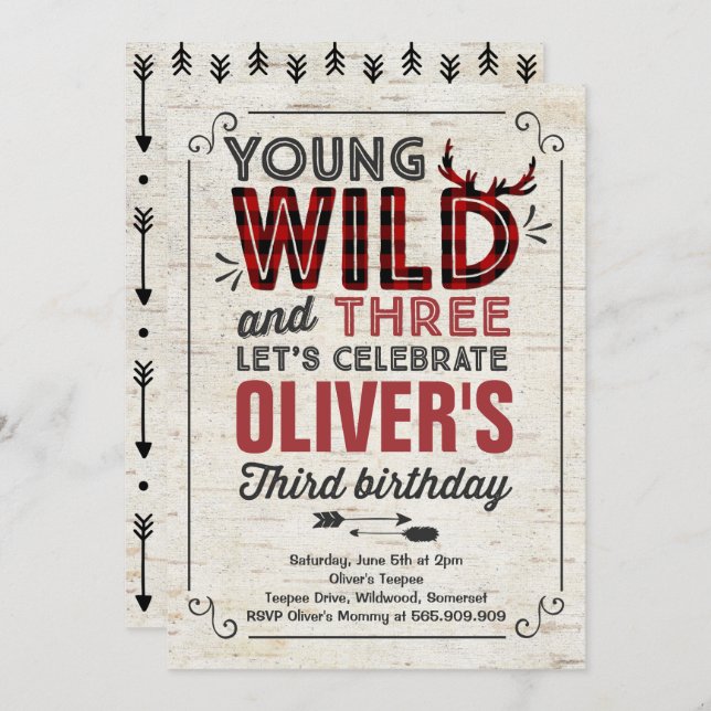 Young Wild And Three Invitation Rustic Lumberjack (Front/Back)