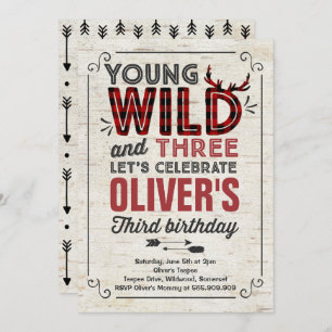 Young Wild And Three Invitation Rustic Lumberjack