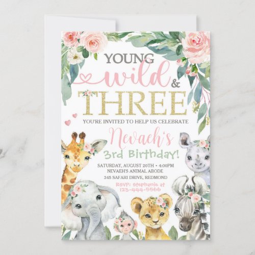 Young Wild and Three Invitation  Safari Birthday