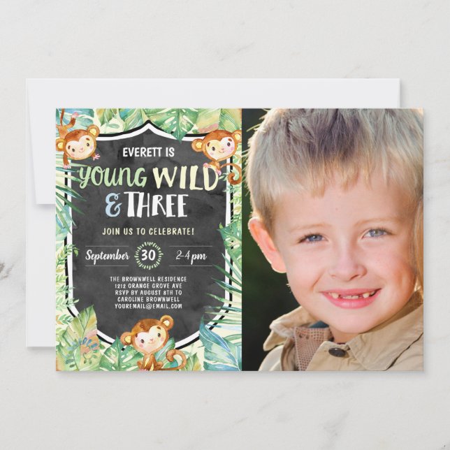 Young Wild and Three Jungle Birthday Party Photo Invitation (Front)