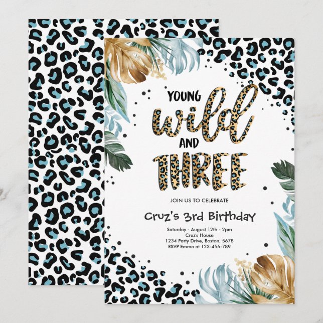 Young Wild And Three Jungle Leopard Print Birthday Invitation (Front/Back)