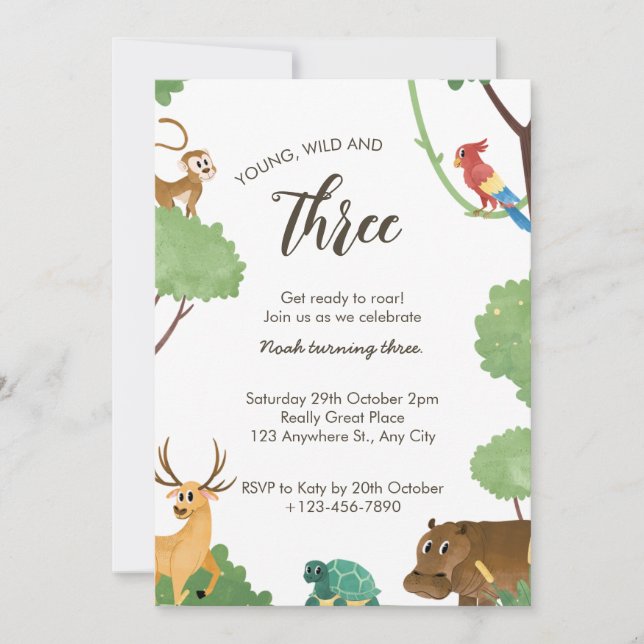 Young, Wild, and Three Jungle Safari Birthday Invitation (Front)