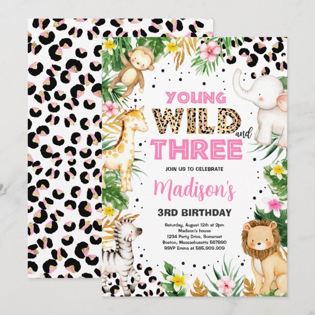 Young Wild And Three Leopard Print Safari Birthday Invitation (Front/Back)