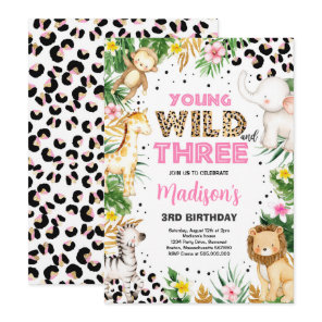 Young Wild And Three Leopard Print Safari Birthday Invitation