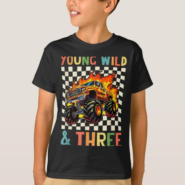 Young Wild And Three Monster Truck 3rd Birthday 3y T-Shirt (Front)