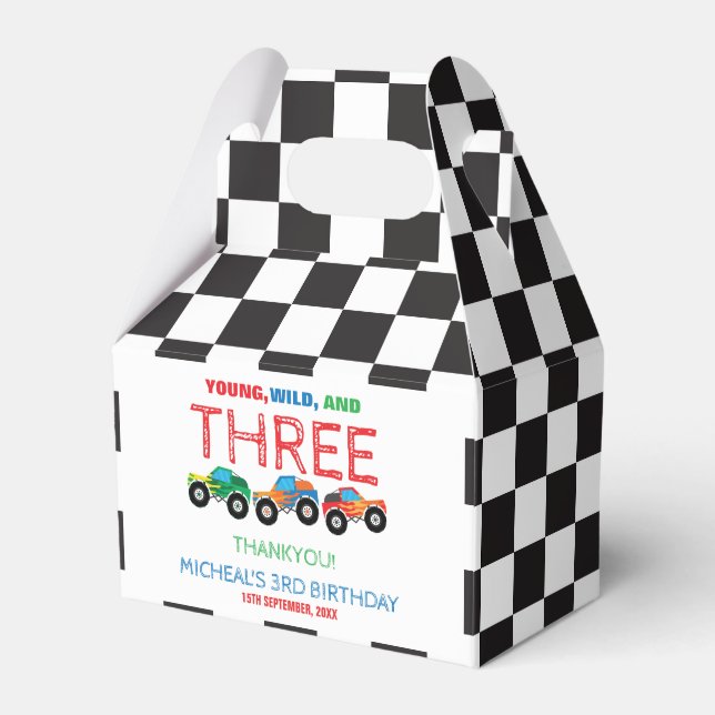 Young Wild and Three Monster Truck Boy Birthday  Favor Boxes (Front Side)