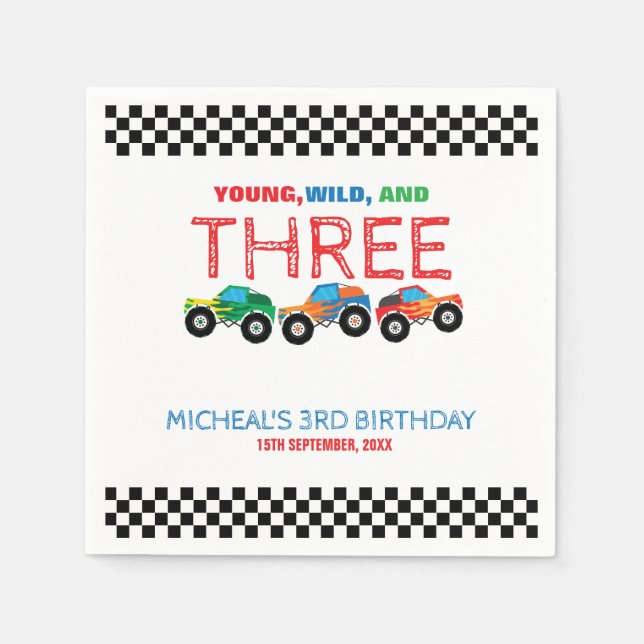Young Wild and Three Monster Truck Boy Birthday  Napkins (Front)