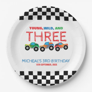 Young Wild and Three Monster Truck Boy Birthday  Paper Plates