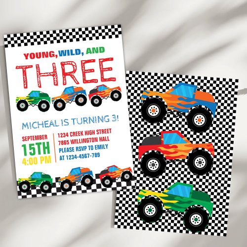 Young Wild and Three Monster Truck Boys Birthday  Invitation