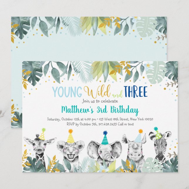 Young Wild And Three Party Animal Blue Birthday Invitation (Front/Back)
