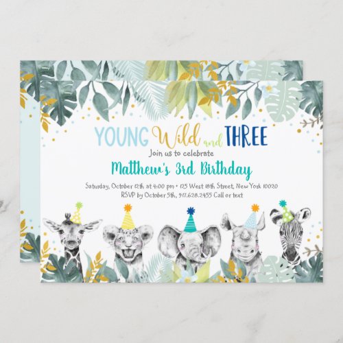 Young Wild And Three Party Animal Blue Birthday Invitation