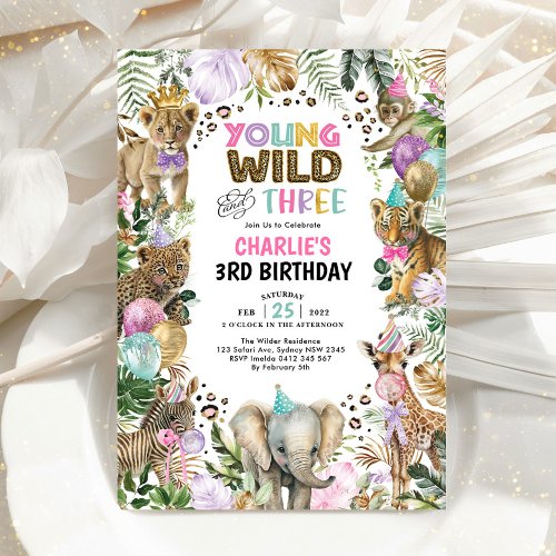 Young Wild and Three Party Animals Girl Birthday Invitation