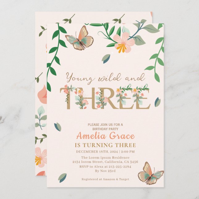 Young wild and three peach floral 3rd birthday  invitation (Front/Back)