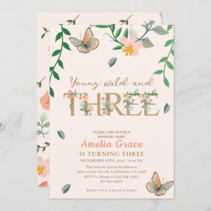 Young wild and three peach floral 3rd birthday  invitation