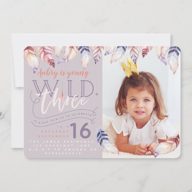 Young, wild and three photo birthday invitation. invitation (Front)