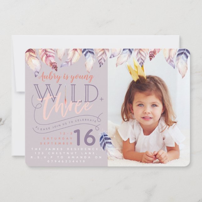 Young, wild and three photo birthday invitation. invitation (Front)