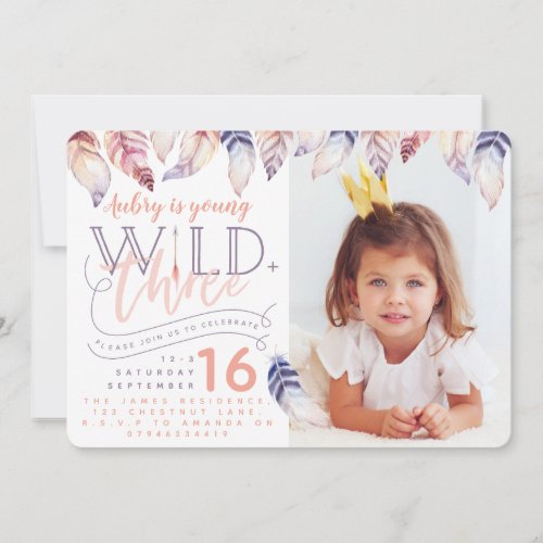 Young wild and three photo birthday invitation invitation