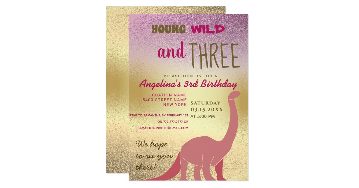Young Wild And Three Pink Dinosaur 3rd Birthday Invitation