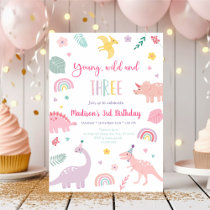 Young Wild and Three Pink Dinosaur Birthday Invitation