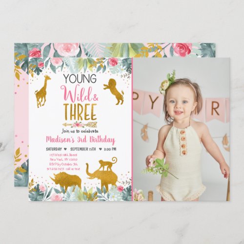 Young Wild And Three Pink Gold Safari Birthday Invitation