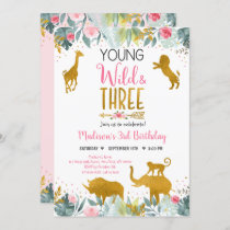 Young Wild And Three Pink Gold Safari Birthday Invitation