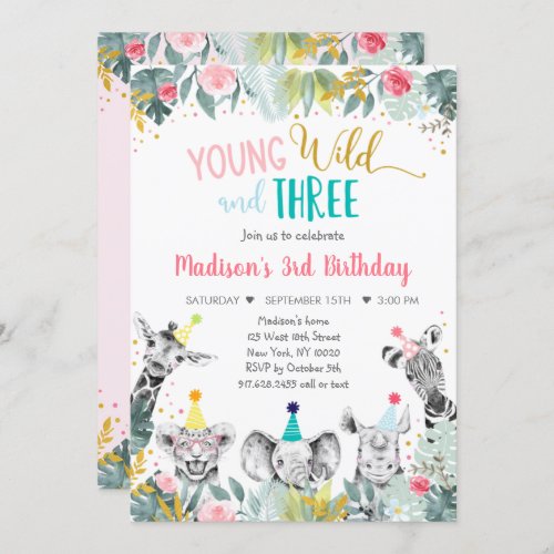Young Wild And Three Pink Party Animal Birthday Invitation