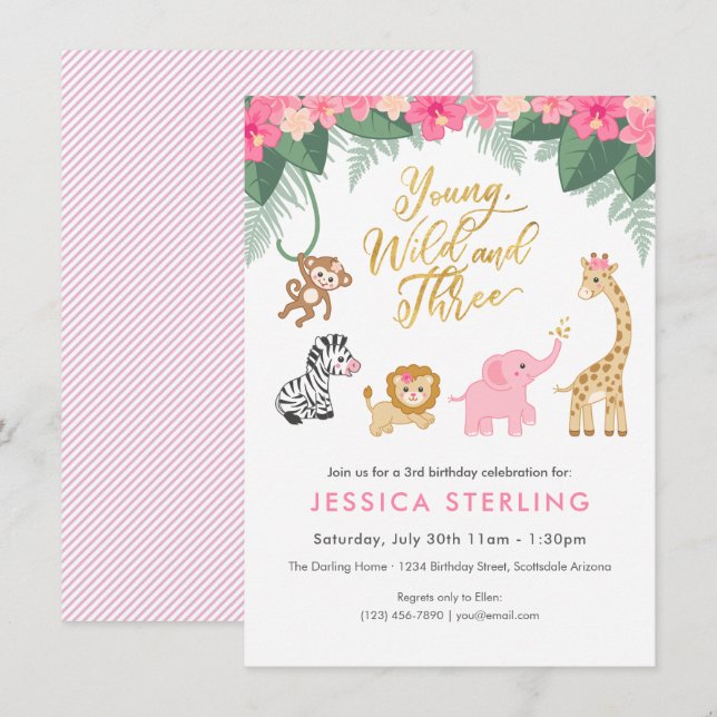Young Wild and Three - Pink Safari Girl's 3rd Invitation (Front/Back)