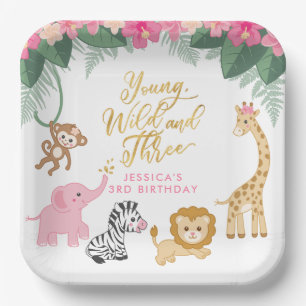 Young Wild and Three - Pink Safari Girl's 3rd Paper Plates