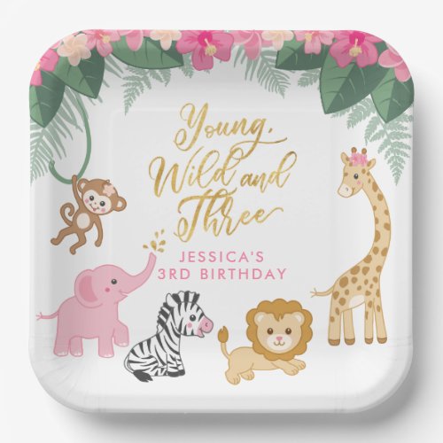 Young Wild and Three _ Pink Safari Girls 3rd Paper Plates