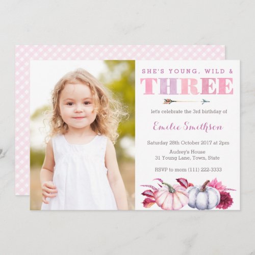 Young Wild and Three Pumpkin 3rd Birthday Party Invitation