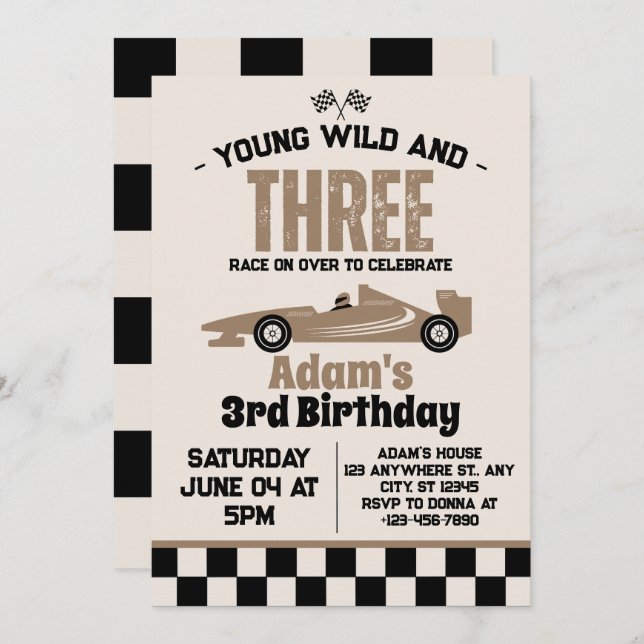 Young Wild and Three Race Car 3rd Birthday Party  Invitation (Front/Back)