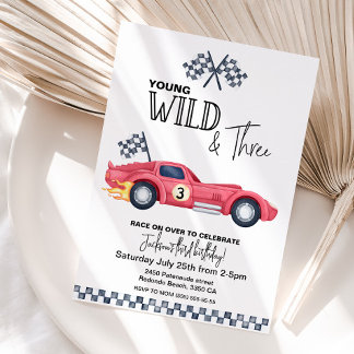 YOUNG Wild and Three Red Race Car Birthday  Invitation