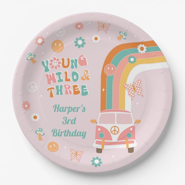 Young Wild and Three Retro Boho Party Paper Bowls Plates (Front)