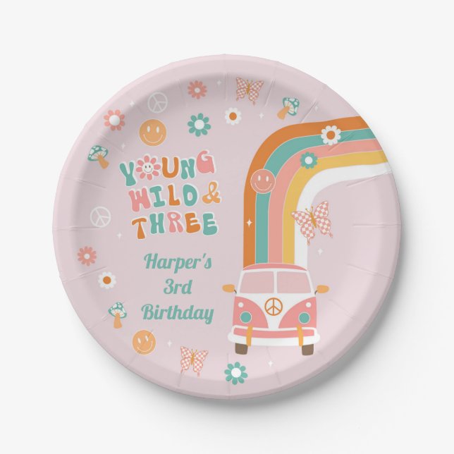 Young Wild and Three Retro Boho Party Paper Plates (Front)