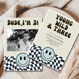 Young Wild and Three  Retro Boys 3rd Birthday  Invitation
