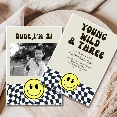 Young Wild and Three  Retro Boys 3rd Birthday  Invitation