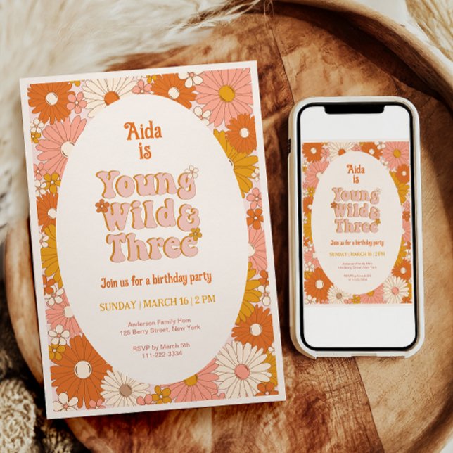 Young Wild and Three Retro Daisy 3rd Birthday Invitation (Creator Uploaded)